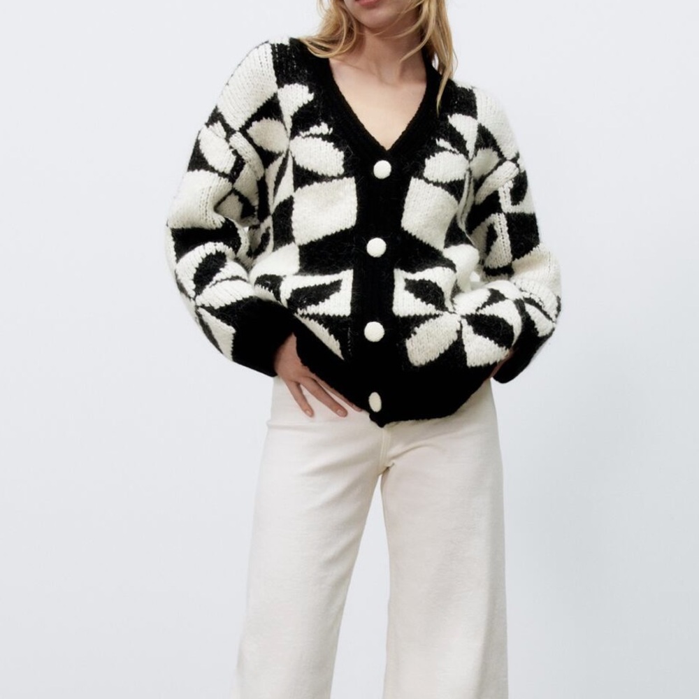 New Zara Checkered Knit Jacquard Cardigan